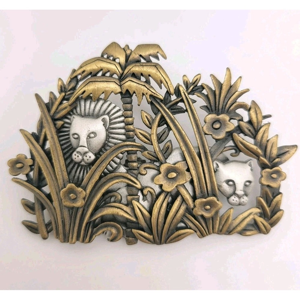 VTG JJ Jonette Signed Jungle Lion & Lioness Brooch‎ Pin 1980s Two Tone USA Made